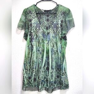 Apt. 9 Green Patterned Women's v neck Top with rhinestone butterfly size 2X